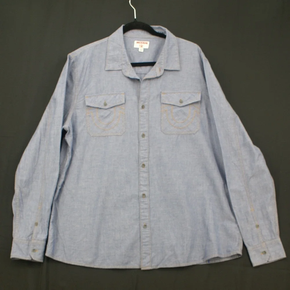 True Religion Mens 2XL Blue Chambray Long Sleeve Horseshoe Button Down Shirt